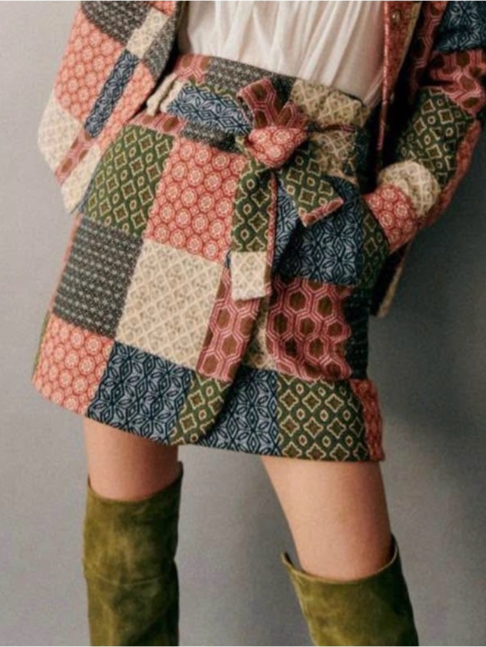 Patchwork Mini Skirt with Tie Belt